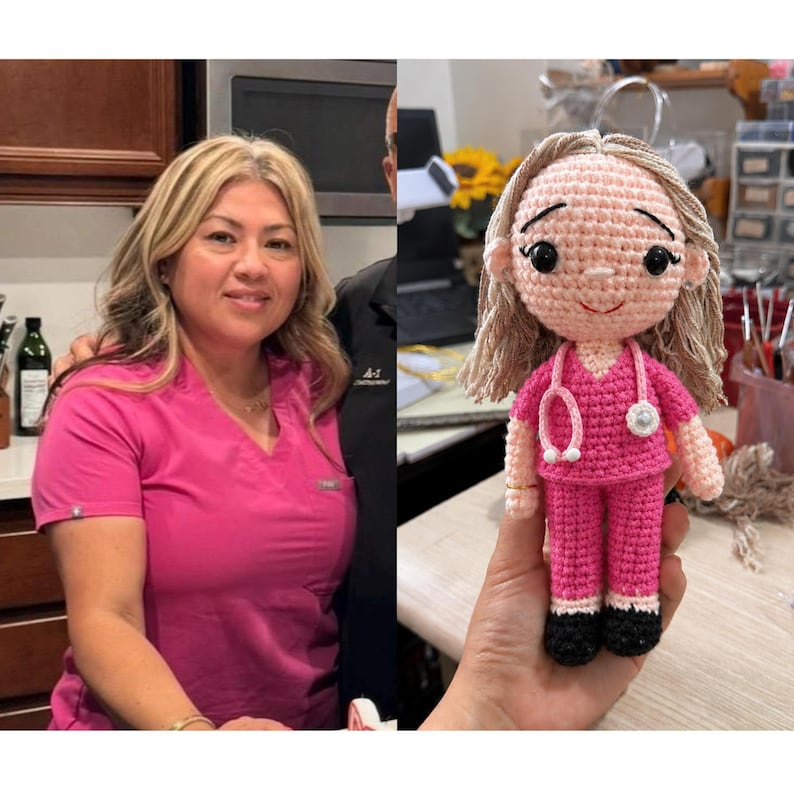 Custom Nurse Crochet Doll from Photo, Personalized RN Gift, Handmade Amigurumi Nurse Plush, Nurse Appreciation Gift