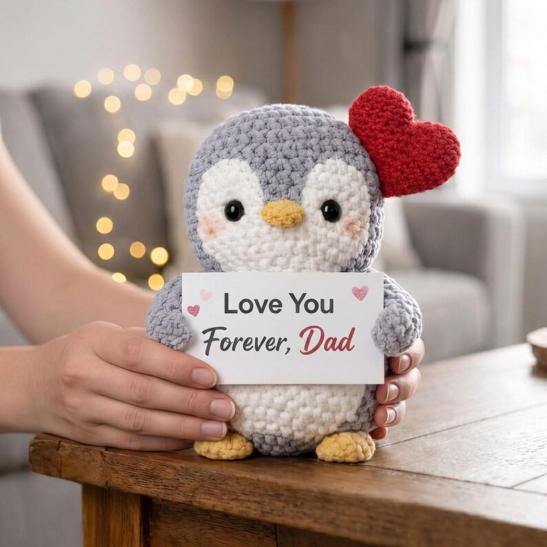 Cute Penguin Crochet Plush with Heart, Gift for Dad from Daughter Son, Best Dad Gift Crochet Penguin, Cute Crochet Dad Gift