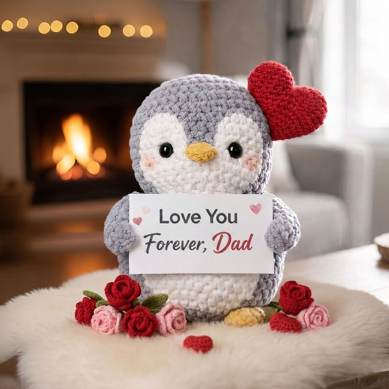 Cute Penguin Crochet Plush with Heart, Gift for Dad from Daughter Son, Best Dad Gift Crochet Penguin, Cute Crochet Dad Gift
