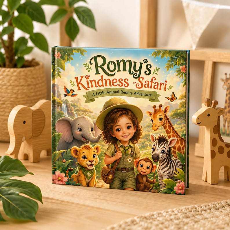 Personalized Animal Safari Book, Custom Baby Name and Face Photo Hardcover, Kindness Adventure Story for Toddlers, First Birthday Gift