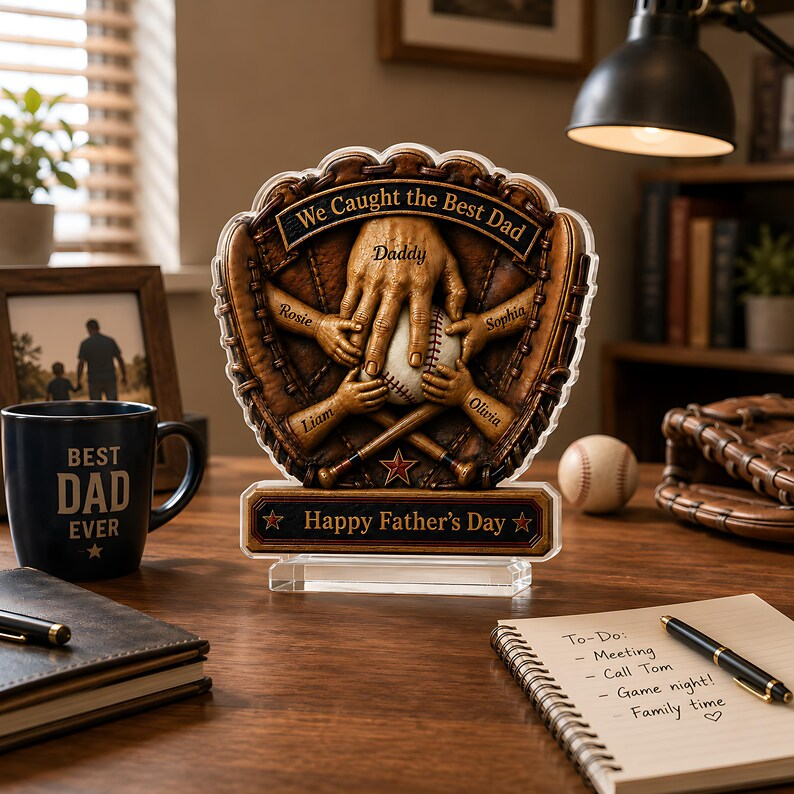 Personalized Baseball Dad Gift, Custom Dad Acrylic Plaque from Kids, Father's Day Gift for Dad, We Caught the Best Dad Glove Keepsake Plaque