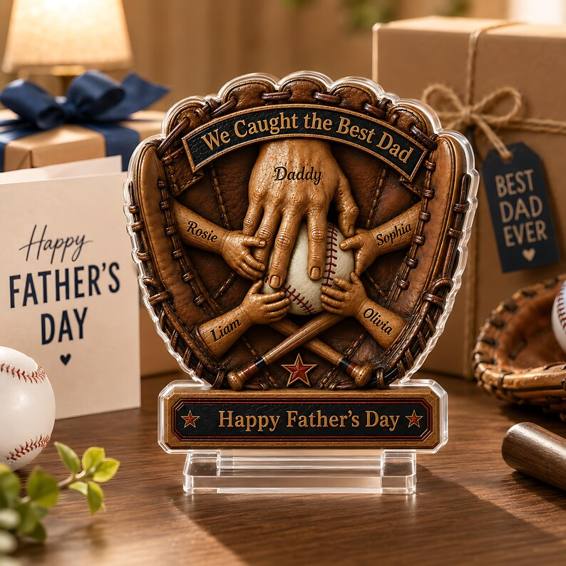 Personalized Baseball Dad Gift, Custom Dad Acrylic Plaque from Kids, Father's Day Gift for Dad, We Caught the Best Dad Glove Keepsake Plaque