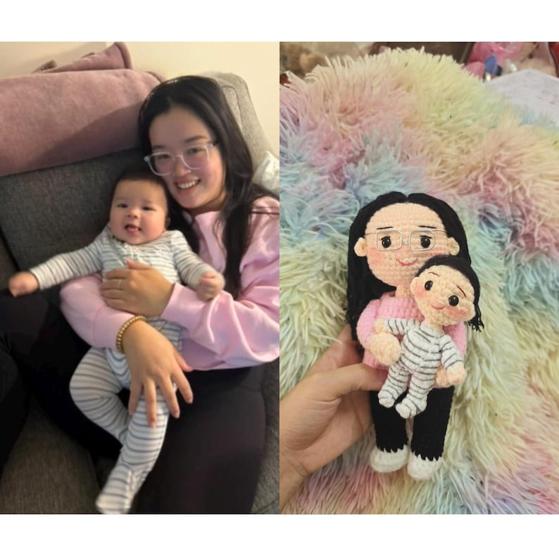 Custom Crochet Mom and Baby Doll from Photo, Personalized First Birthday Gift, Handmade Family Keepsake, Look Alike Doll, Gift for New Mom
