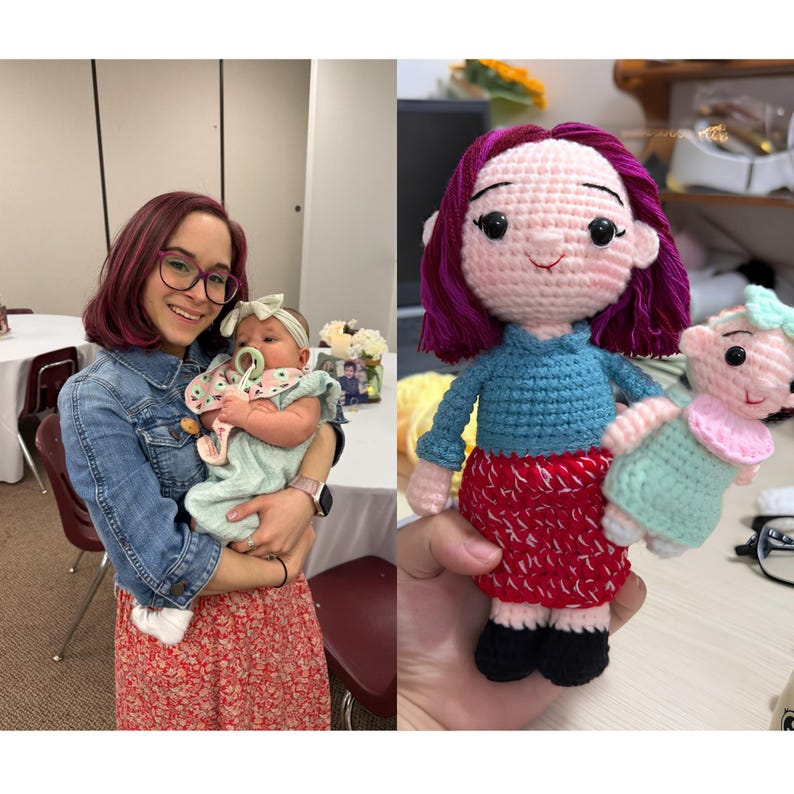 Custom Crochet Mom and Baby Doll from Photo, Personalized New Mom Gift, Handmade Amigurumi Family Portrait, First Birthday Keepsake Gift