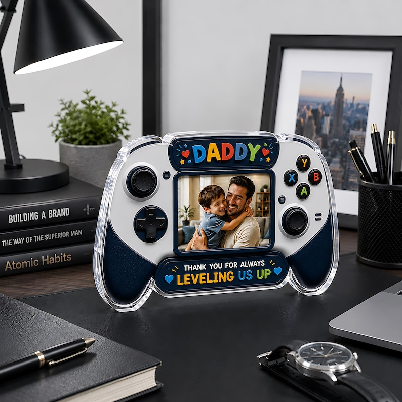Personalized Daddy Acrylic Block, Custom Photo Game Controller Plaque, Fathers Day Gift From Kids, Leveling Us Up Daddy Gift