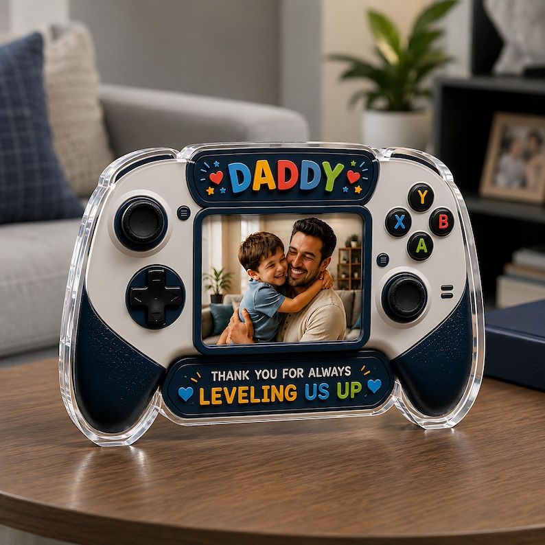 Personalized Daddy Acrylic Block, Custom Photo Game Controller Plaque, Fathers Day Gift From Kids, Leveling Us Up Daddy Gift