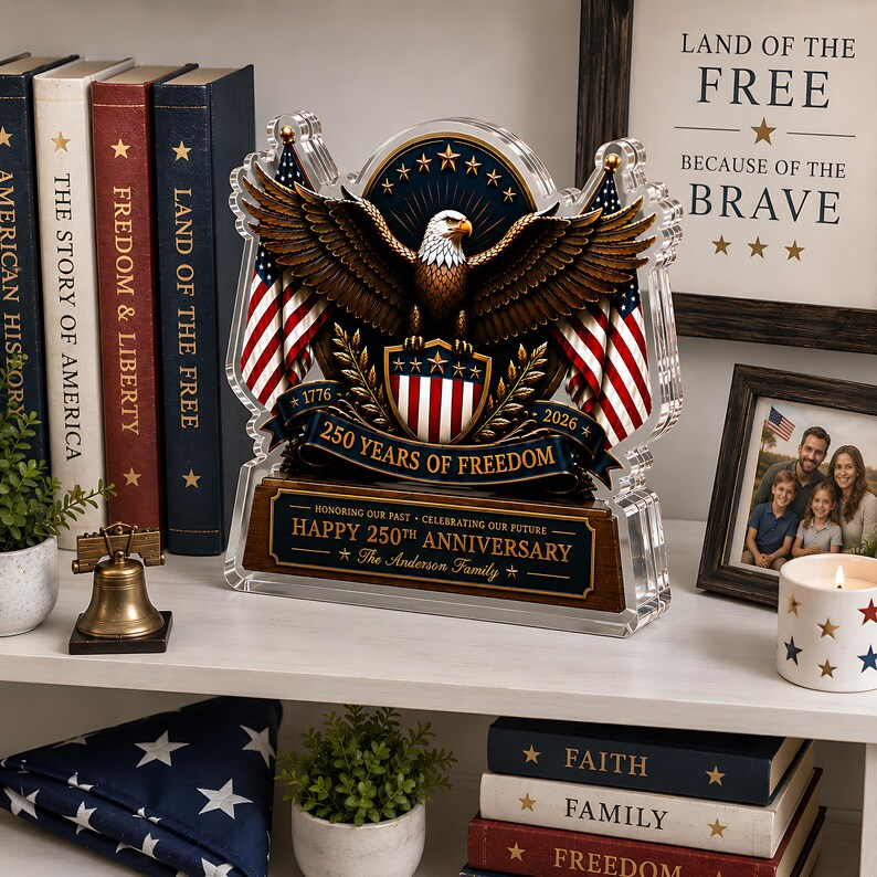 Personalized USA 250th Anniversary Acrylic Block, 1776-2026 Patriotic Eagle Flag Decor, Custom Family Name Freedom Gift For Independence Day