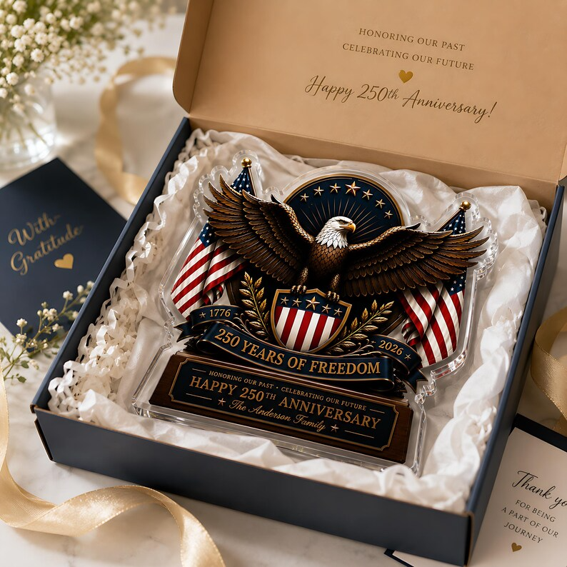 Personalized USA 250th Anniversary Acrylic Block, 1776-2026 Patriotic Eagle Flag Decor, Custom Family Name Freedom Gift For Independence Day