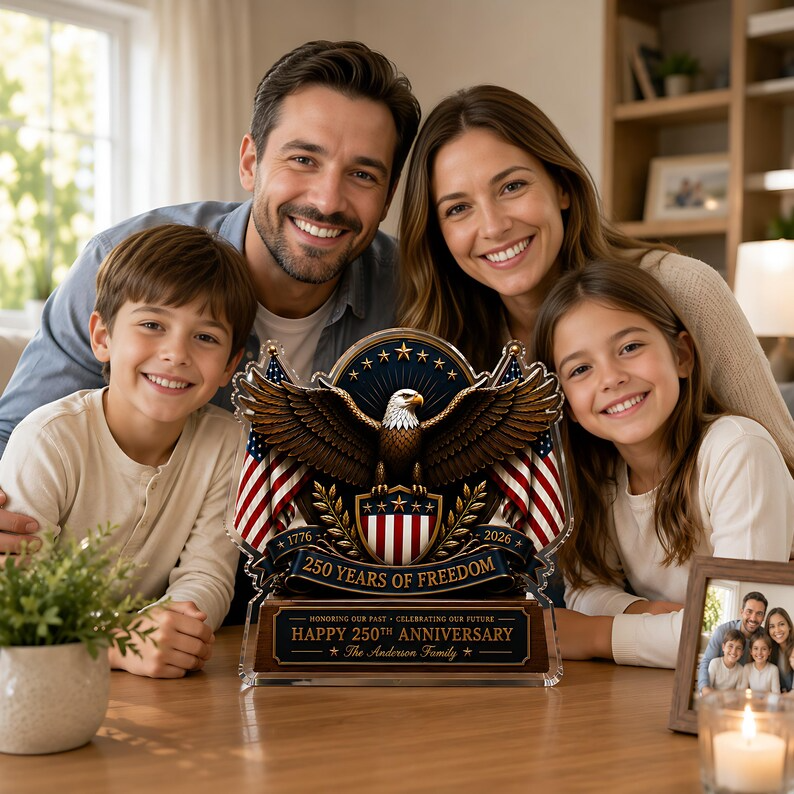 Personalized USA 250th Anniversary Acrylic Block, 1776-2026 Patriotic Eagle Flag Decor, Custom Family Name Freedom Gift For Independence Day
