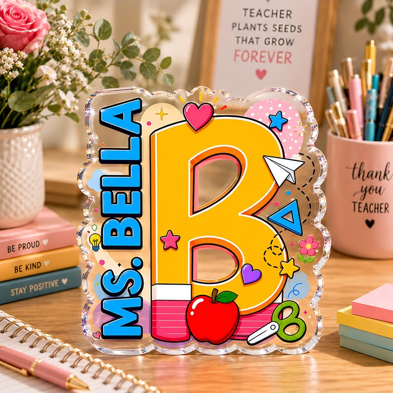 Personalized Teacher Initial Acrylic Block, Custom Name Letter Desk Sign, Teacher Appreciation Acrylic Plaque, End of Year Classroom Decor