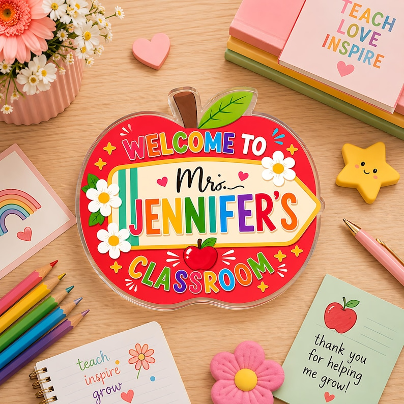Personalized Teacher Acrylic Block, Custom Apple Classroom Name Sign, Teacher Appreciation Gift, End of Year Teacher Desk Decor, School Gift