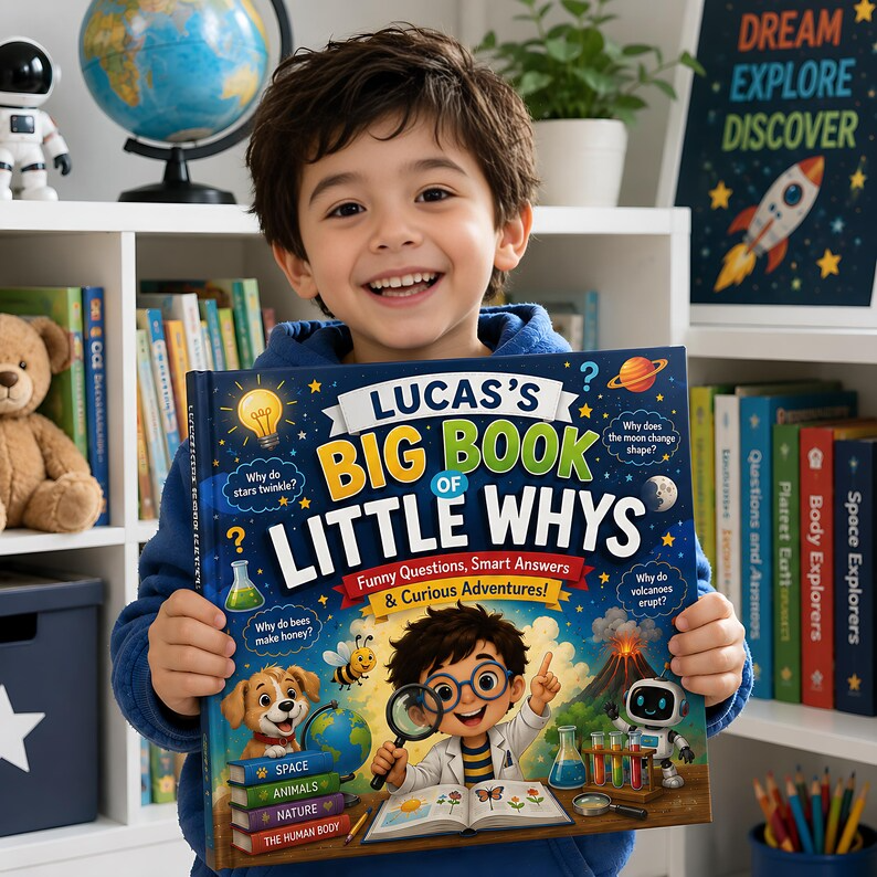 Personalized Big Book of Little Whys, Custom Child Name Learning Story Book, Science Questions for Kids, Curious Toddler Hardcover Gift