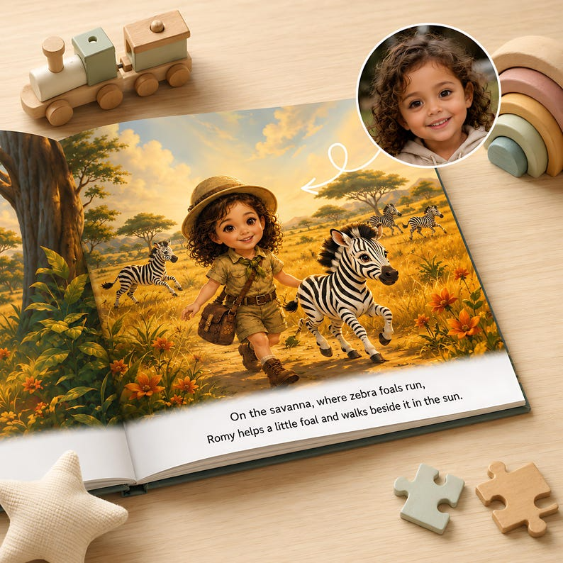 Personalized Animal Safari Book, Custom Baby Name and Face Photo Hardcover, Kindness Adventure Story for Toddlers, First Birthday Gift