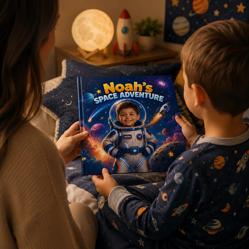 Personalized Space Adventure Book, Custom Child Name and Face Photo Astronaut Story, Kids Science Gift, Outer Space Hardcover Book for Boy