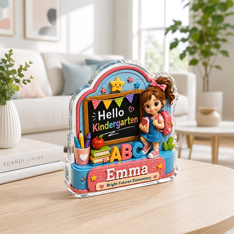 Personalized Kindergarten Acrylic Block, Custom Name Hello Kindergarten Sign, Back to School Gift, First Day of School Desk Decor for Girls