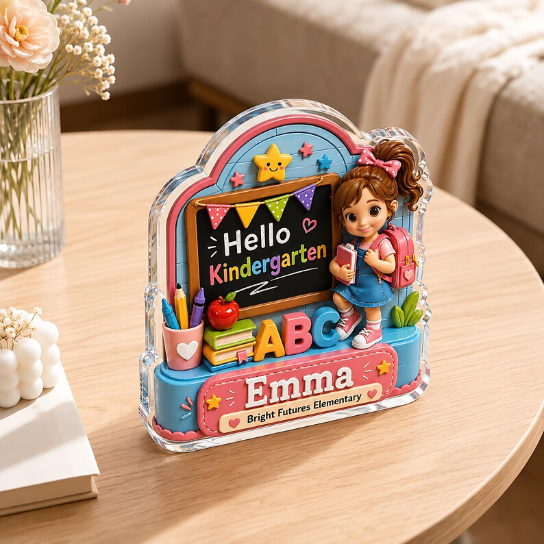 Personalized Kindergarten Acrylic Block, Custom Name Hello Kindergarten Sign, Back to School Gift, First Day of School Desk Decor for Girls