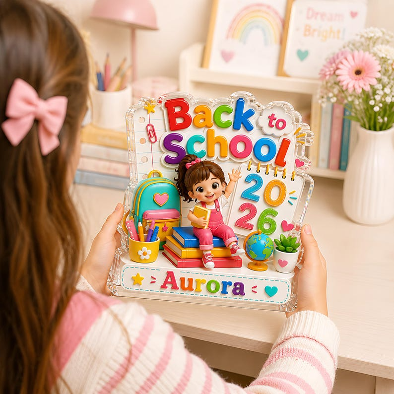 Personalized Back to School Acrylic Block, Custom Name First Day of School Gift, Kindergarten Girl Desk Decor, 2026 School Keepsake for Kids