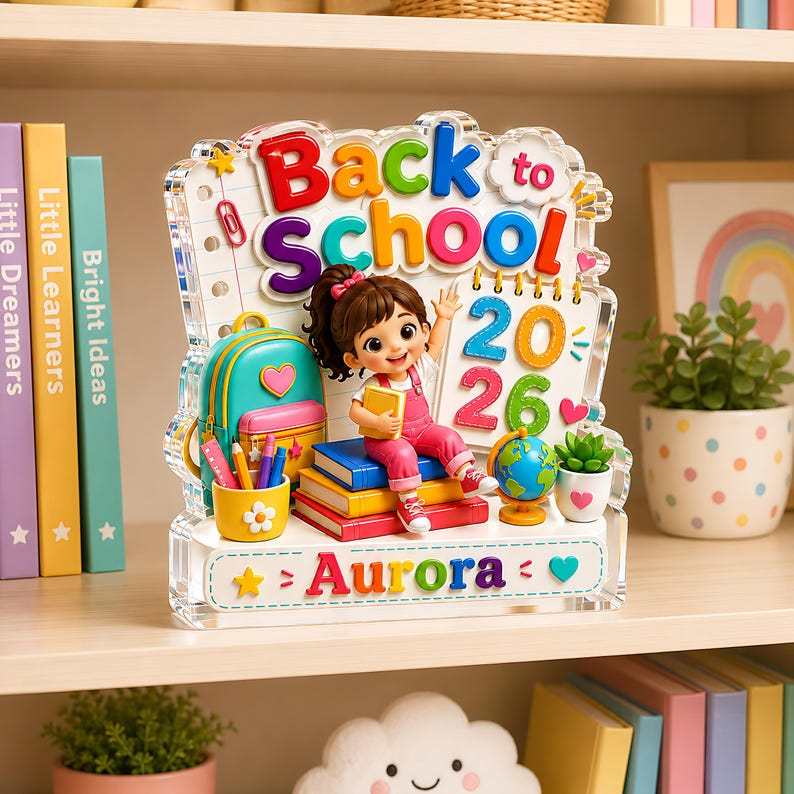Personalized Back to School Acrylic Block, Custom Name First Day of School Gift, Kindergarten Girl Desk Decor, 2026 School Keepsake for Kids