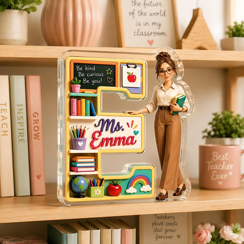 Personalized Teacher Initial Acrylic Block, Custom Name First Letter Desk Sign, Photo Teacher Appreciation Gift, End of Year Classroom Gift