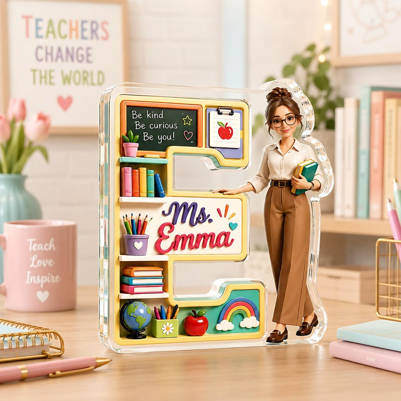 Personalized Teacher Initial Acrylic Block, Custom Name First Letter Desk Sign, Photo Teacher Appreciation Gift, End of Year Classroom Gift