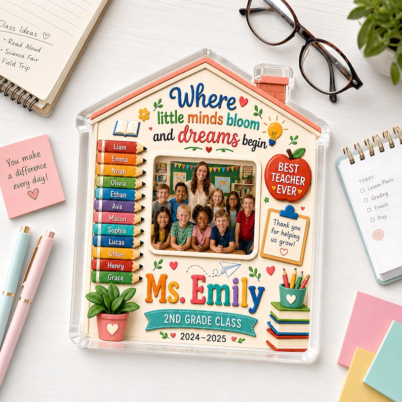 Personalized Teacher Photo Acrylic Block, Custom Class Picture Student Names Gift, Teacher Appreciation End of Year Classroom Keepsake Decor