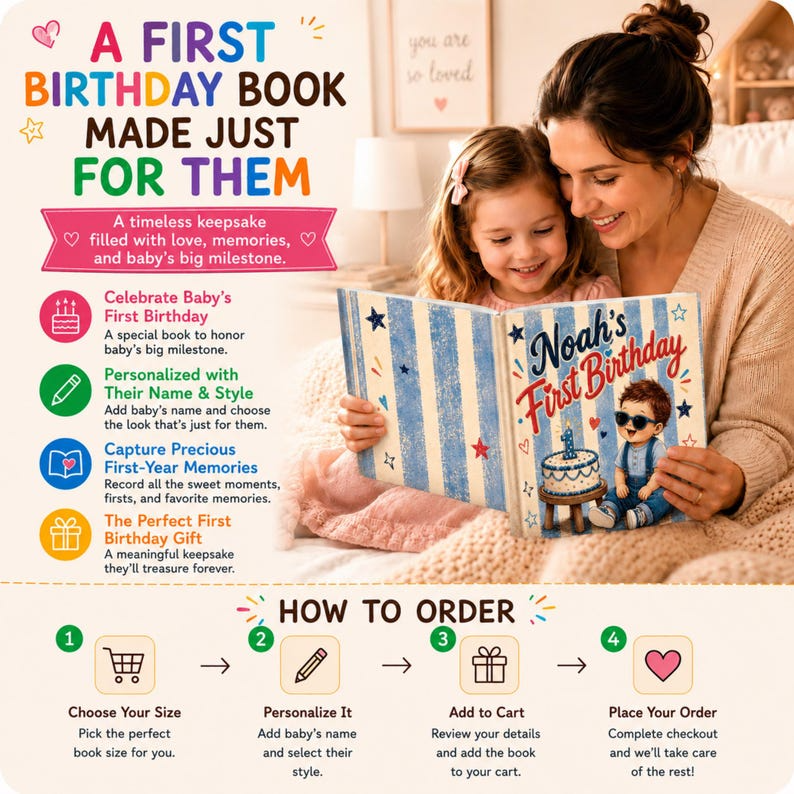 Personalised 1st Birthday Book | First Birthday Boy Girl Gift | Custom Name One Year Old | Personalized Baby Birthday Keepsake Toddler Book