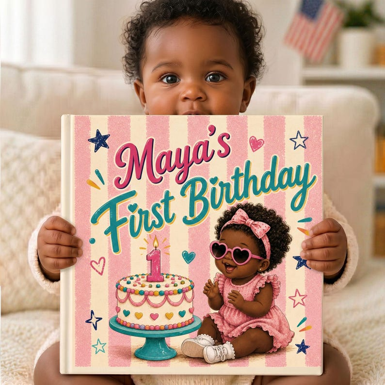 Personalized First Birthday Book | Custom Black Baby Girl Name &amp; Appearance Story | Gift From Aunt, Grandma, Godmom