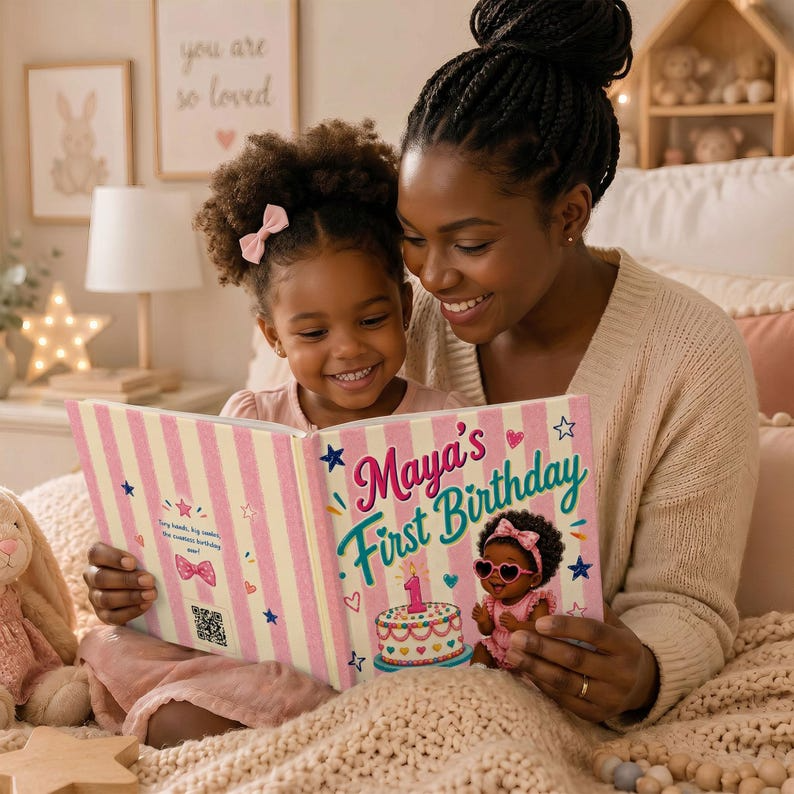 Personalized First Birthday Book | Custom Black Baby Girl Name &amp; Appearance Story | Gift From Aunt, Grandma, Godmom