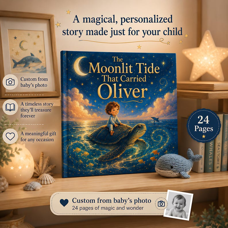 Personalized Ocean Adventure Book, Custom Face Photo and Child Name, Moonlit Sea Turtle Story, Magical Bedtime Keepsake for Kids