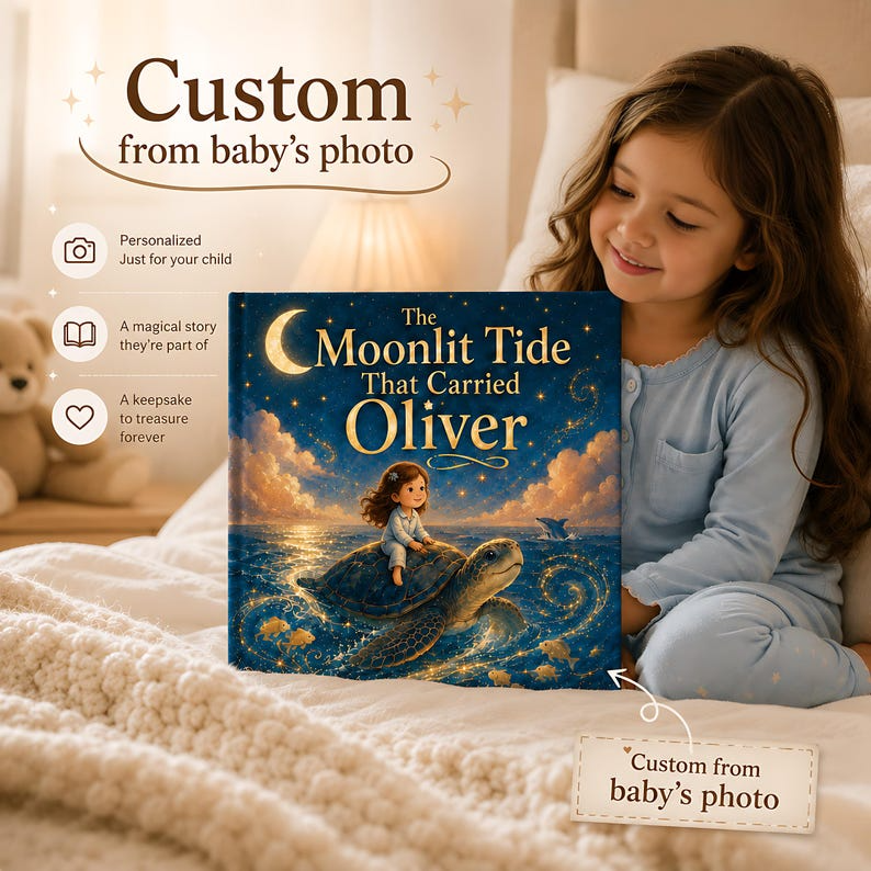 Personalized Ocean Adventure Book, Custom Face Photo and Child Name, Moonlit Sea Turtle Story, Magical Bedtime Keepsake for Kids