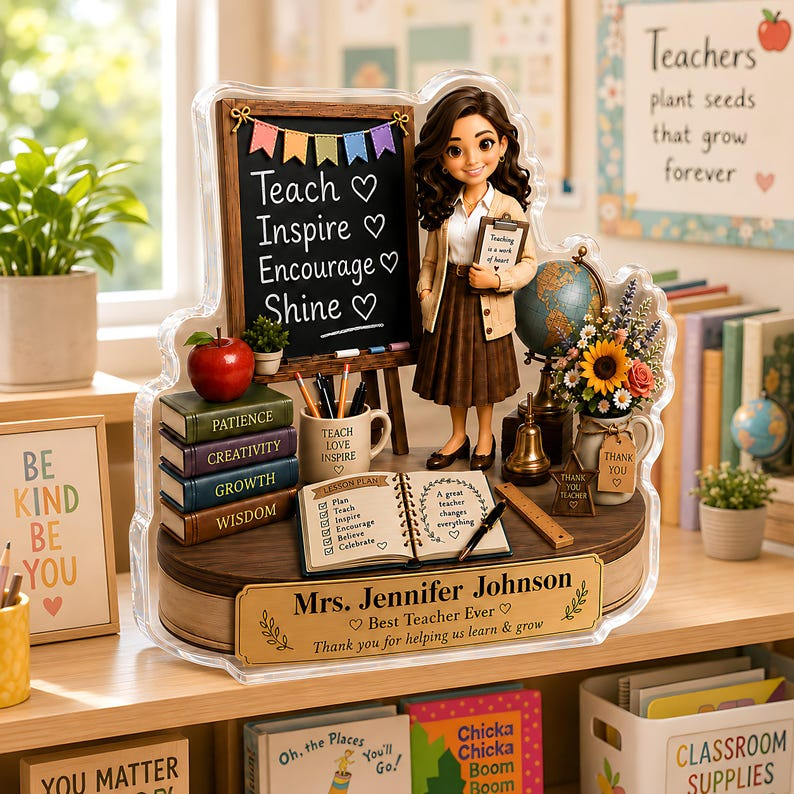 Personalized Teacher Appreciation Acrylic Block, Custom Name Best Teacher Sign, Classroom Chalkboard Gift, End of Year Teacher Gift