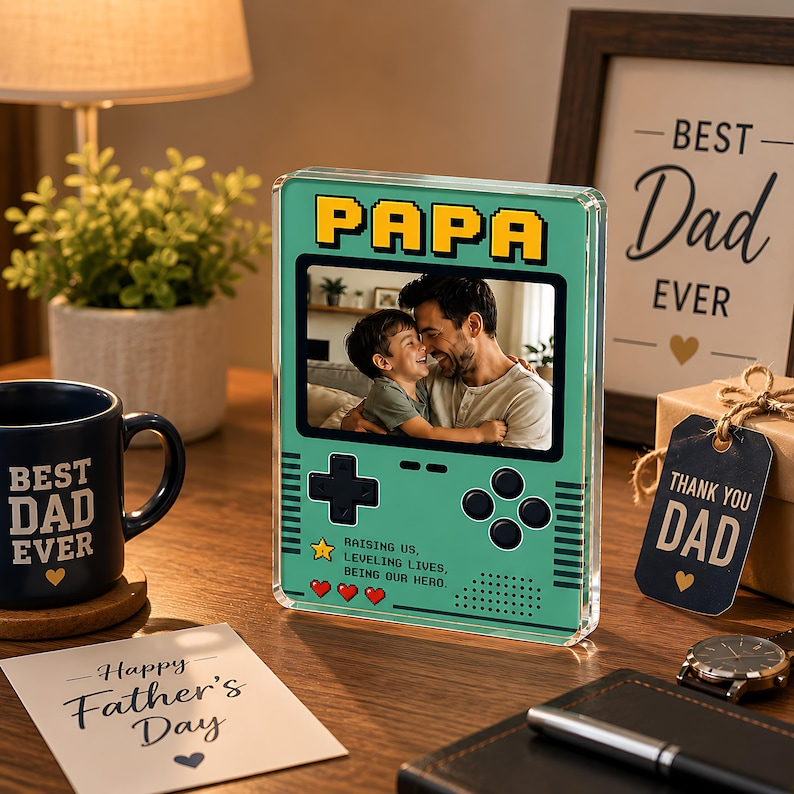 Personalized Gamer Dad Acrylic Block, Custom Photo Retro Game Console Plaque, Papa Gift From Kids, Block Gift For Father's Day
