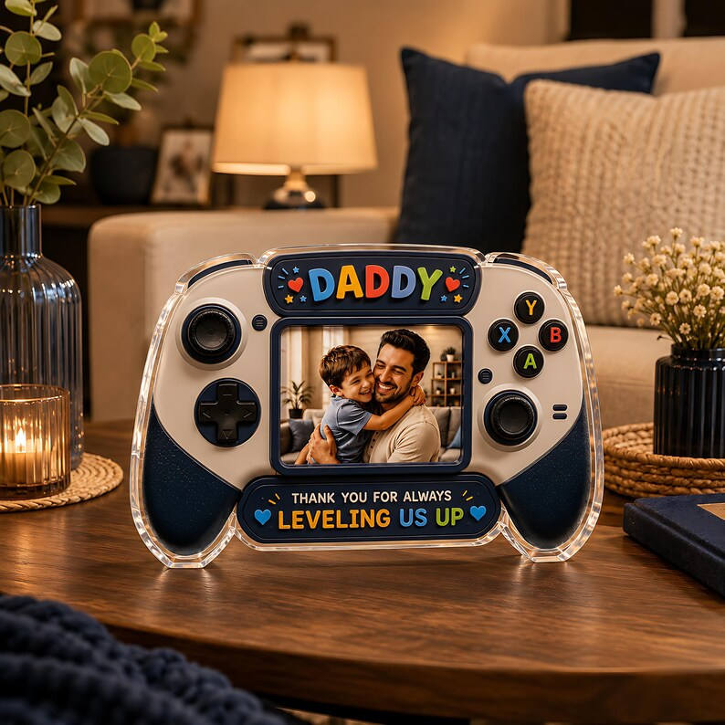 Personalized Daddy Acrylic Block, Custom Photo Game Controller Plaque, Fathers Day Gift From Kids, Leveling Us Up Daddy Gift