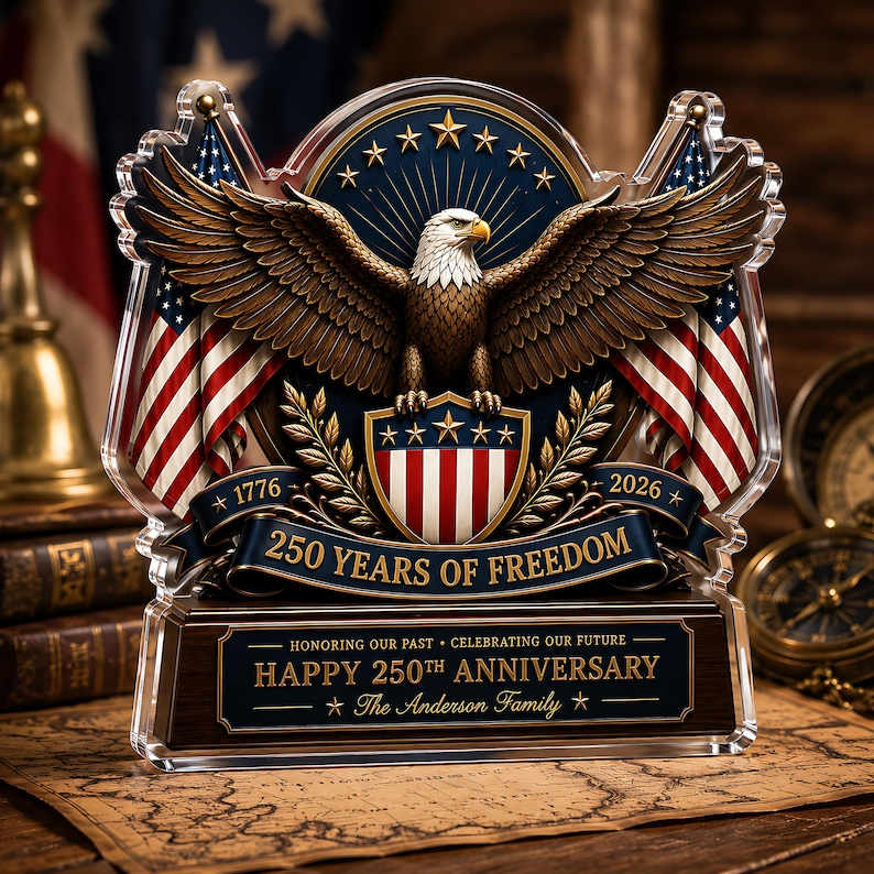 Personalized USA 250th Anniversary Acrylic Block, 1776-2026 Patriotic Eagle Flag Decor, Custom Family Name Freedom Gift For Independence Day