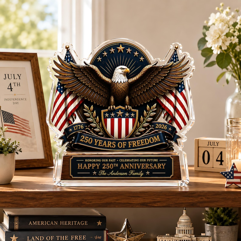 Personalized USA 250th Anniversary Acrylic Block, 1776-2026 Patriotic Eagle Flag Decor, Custom Family Name Freedom Gift For Independence Day