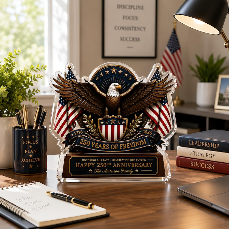 Personalized USA 250th Anniversary Acrylic Block, 1776-2026 Patriotic Eagle Flag Decor, Custom Family Name Freedom Gift For Independence Day