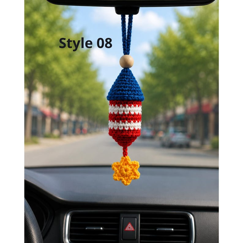 USA Map Crochet Car Hanging, America 250 Ornament, Patriotic Rear View Mirror Charm, Fourth of July Decor, American Flag Car Accessory