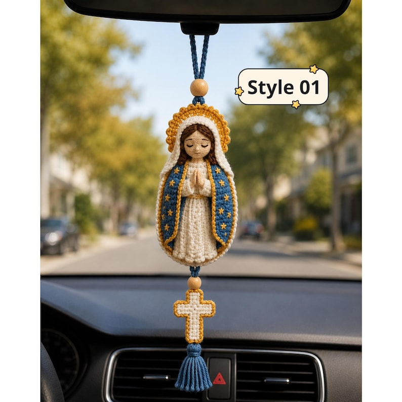 Our Lady of Guadalupe Car Hanging, Crochet Virgin Mary Ornament, Catholic Rear View Mirror Charm, Mother Mary Gift, Religious Decor
