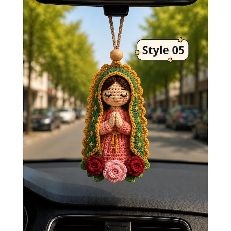 Our Lady of Guadalupe Car Hanging, Crochet Virgin Mary Ornament, Catholic Rear View Mirror Charm, Mother Mary Gift, Religious Decor