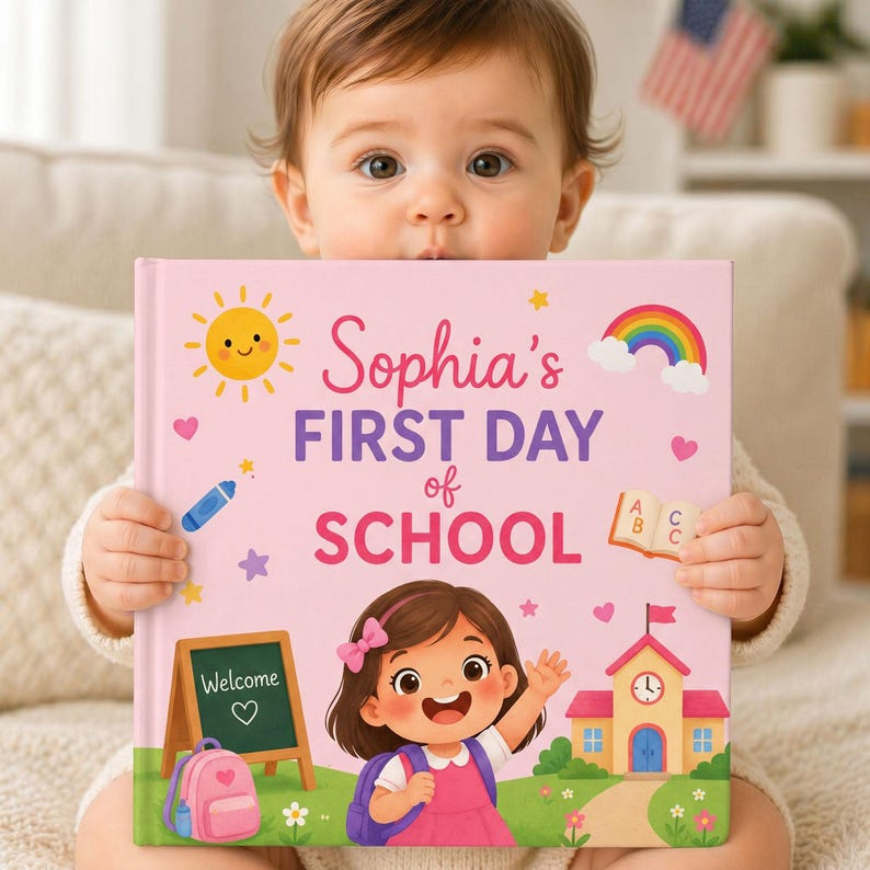 Custom First Day of School Book Personalized Back to School Gift for Boy Girl Pre-K Kindergarten Children's Storybook with Name Grandchild