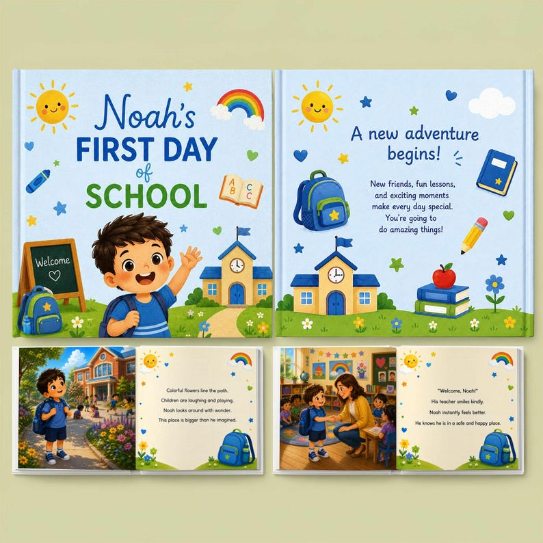 Personalized First Day of School Book for Boys | Custom School Memory Book | Back to School Keepsake Gift for Kids | Child Name Book