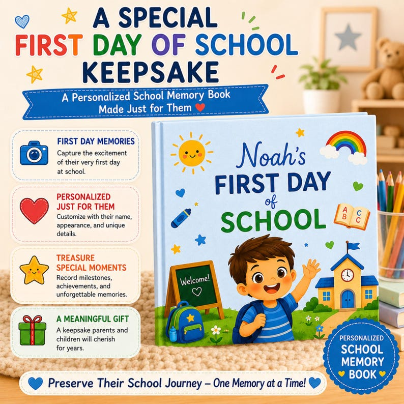 Personalized First Day of School Book for Boys | Custom School Memory Book | Back to School Keepsake Gift for Kids | Child Name Book