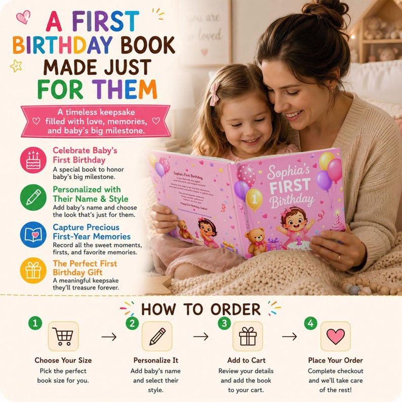 Personalized First Birthday Book, Custom Baby Storybook, Cute 1st Birthday Gift for Toddler, Custom Name Keepsake Boy Girl