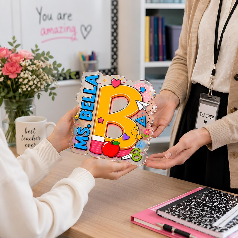 Personalized Teacher Initial Acrylic Block, Custom Name Letter Desk Sign, Teacher Appreciation Acrylic Plaque, End of Year Classroom Decor