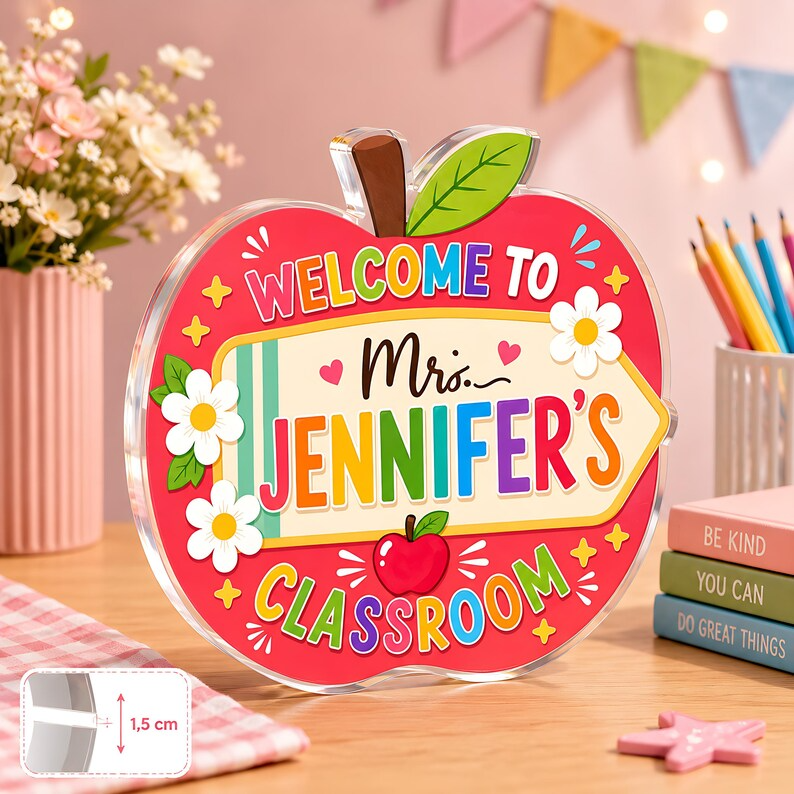 Personalized Teacher Acrylic Block, Custom Apple Classroom Name Sign, Teacher Appreciation Gift, End of Year Teacher Desk Decor, School Gift