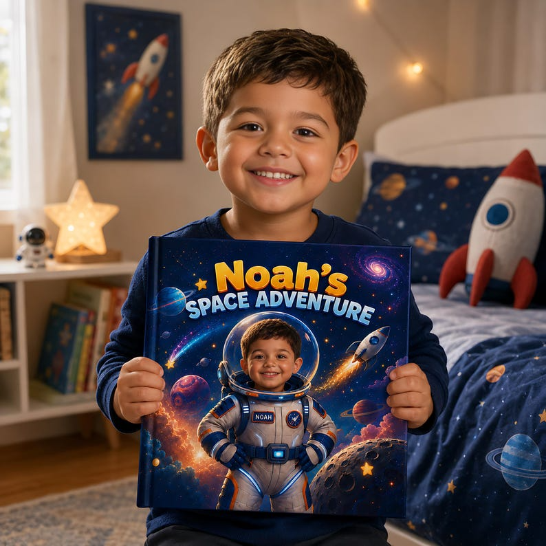 Personalized Space Adventure Book, Custom Child Name and Face Photo Astronaut Story, Kids Science Gift, Outer Space Hardcover Book for Boy