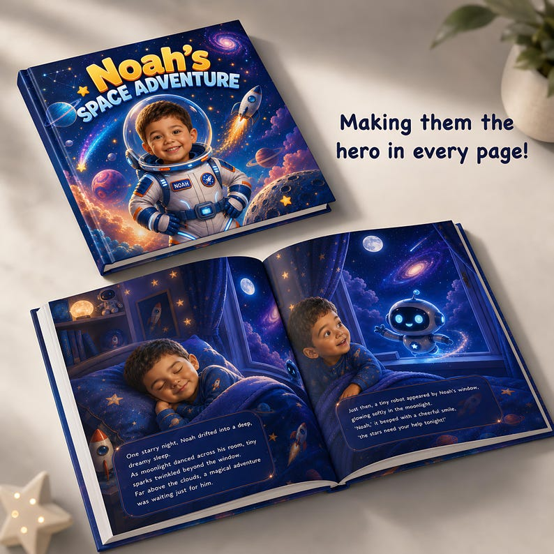 Personalized Space Adventure Book, Custom Child Name and Face Photo Astronaut Story, Kids Science Gift, Outer Space Hardcover Book for Boy
