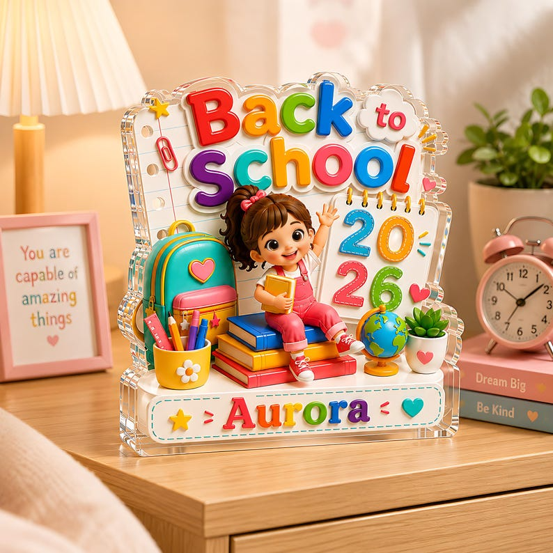 Personalized Back to School Acrylic Block, Custom Name First Day of School Gift, Kindergarten Girl Desk Decor, 2026 School Keepsake for Kids