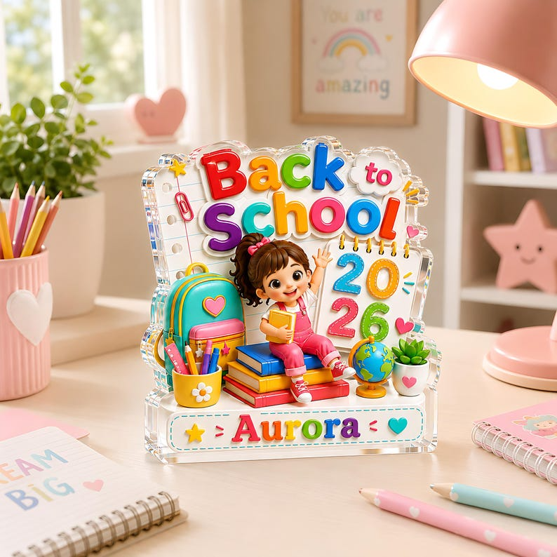 Personalized Back to School Acrylic Block, Custom Name First Day of School Gift, Kindergarten Girl Desk Decor, 2026 School Keepsake for Kids