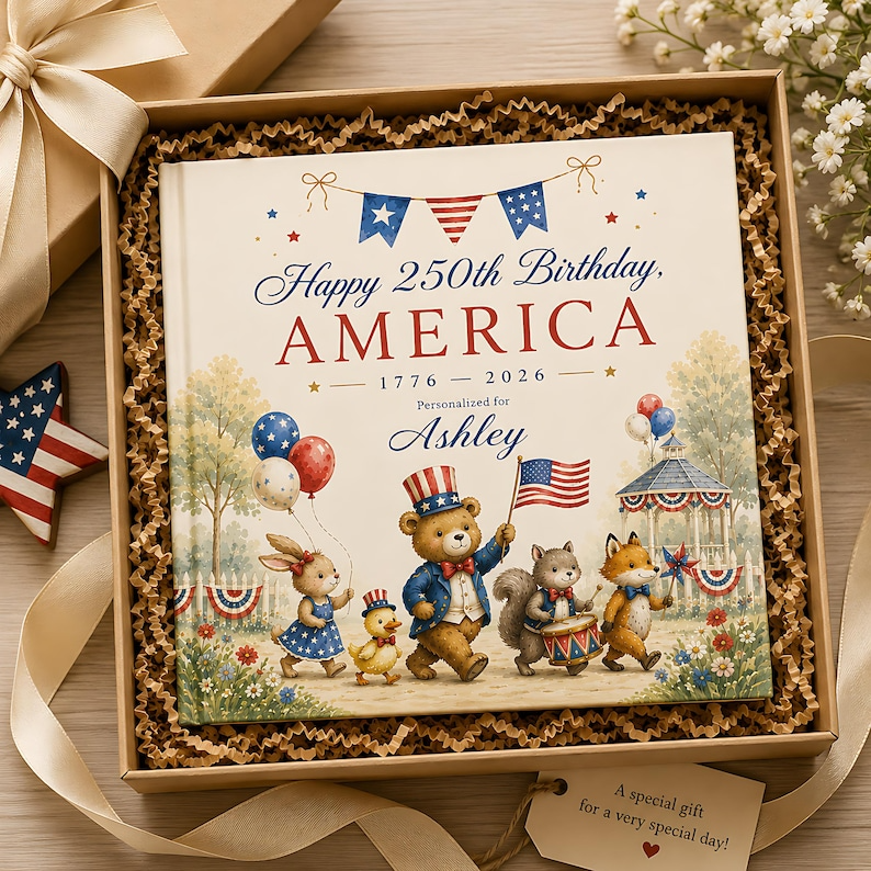 Personalized America 250th Birthday Book for Kids, Custom Name Patriotic Storybook, USA Independence Day Keepsake Gift for Children